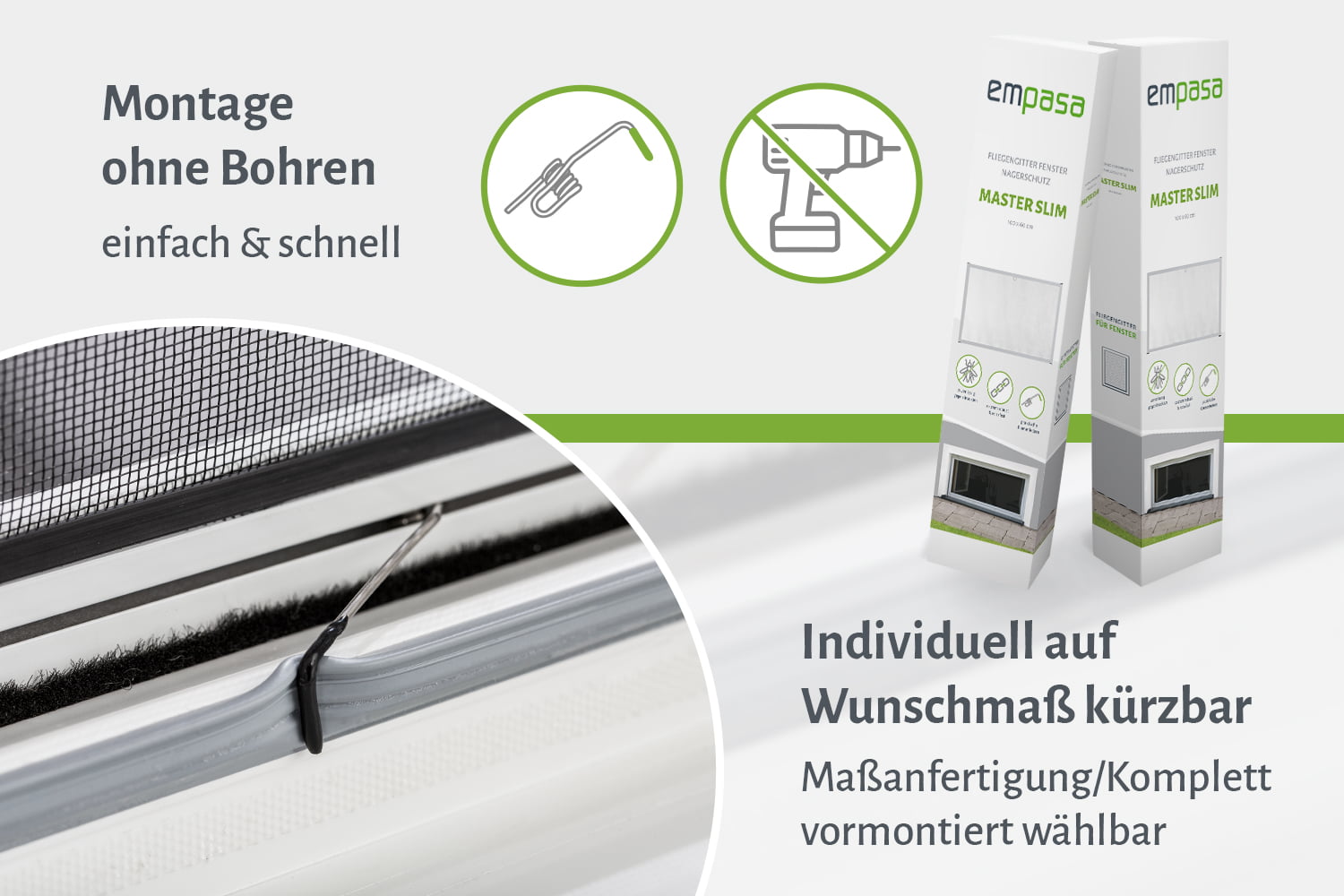 Fliegengitter Fenster Nagerschutz "MASTER SLIM", Aufgebaut - Zuschnitt - Alurahmen