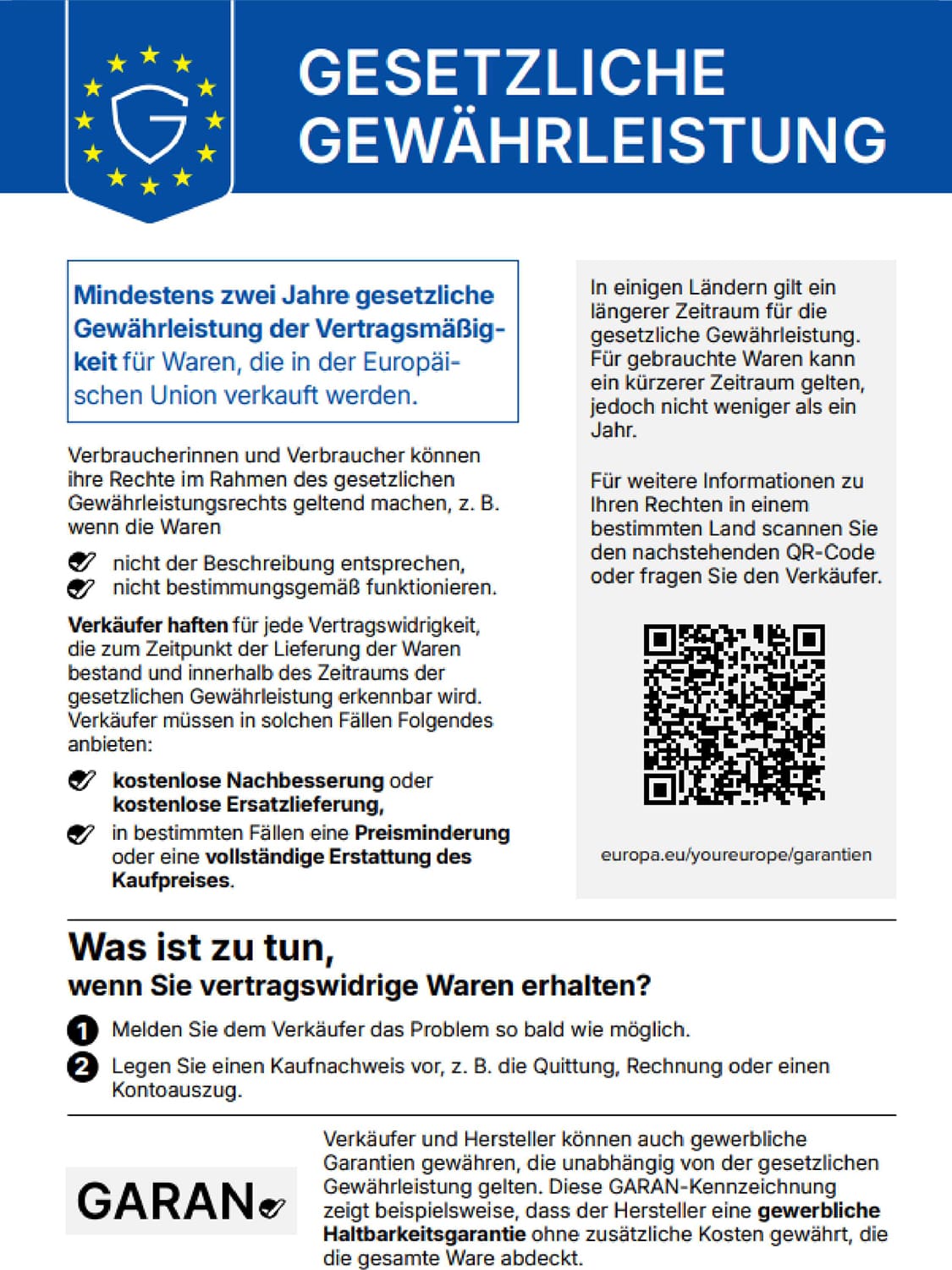 Gewährleistungslabel mit Informationen zur gesetzlichen Gewährleistung